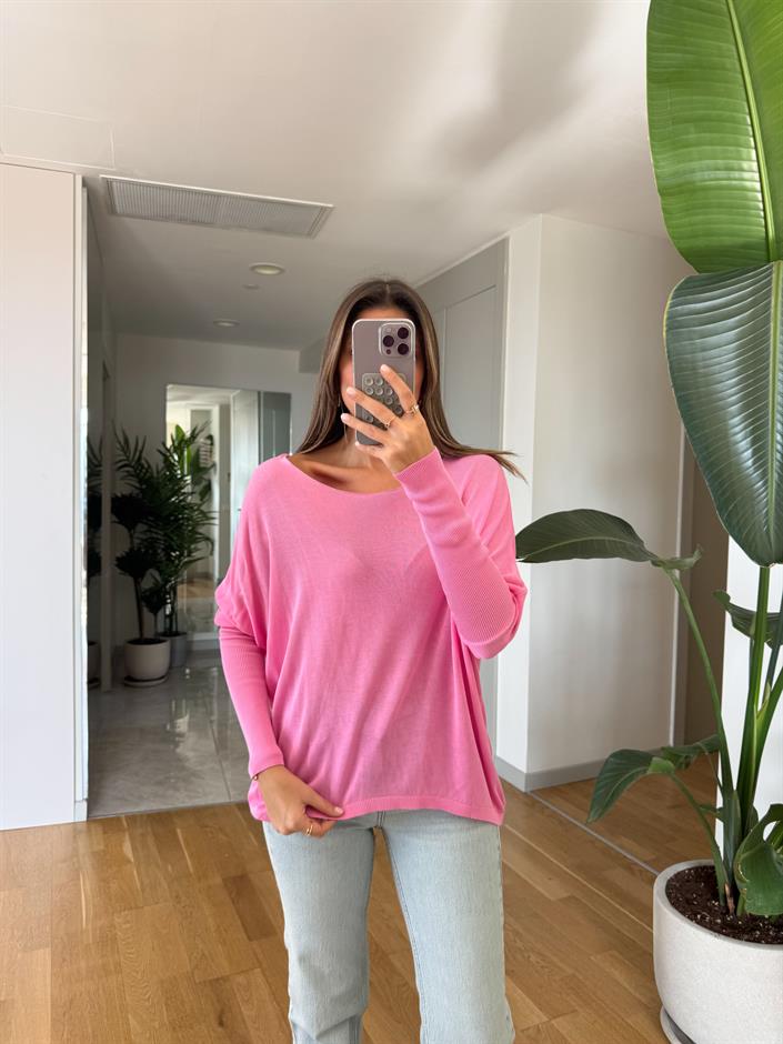 Kayık Yaka Kol Detaylı Triko Bluz - Pembe