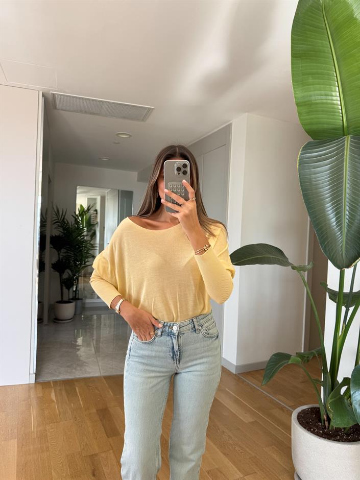 Kayık Yaka Kol Detaylı Triko Bluz - Sarı 
