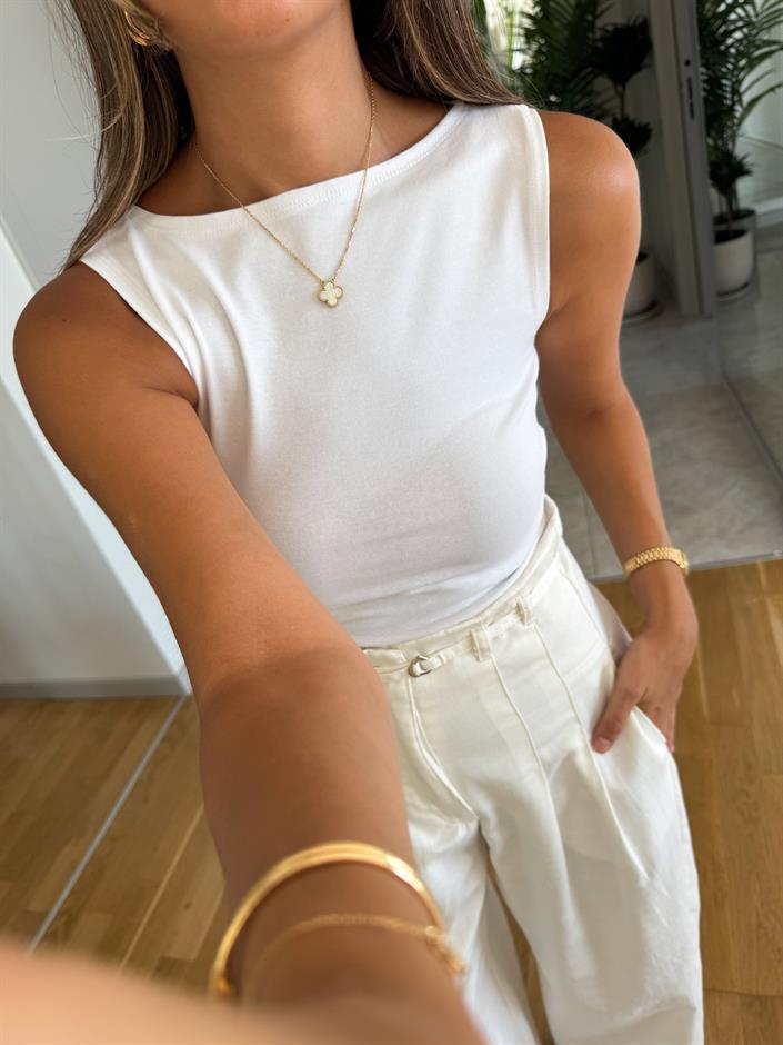 Dilvin Kayık Yaka Kolsuz Badi - Beyaz