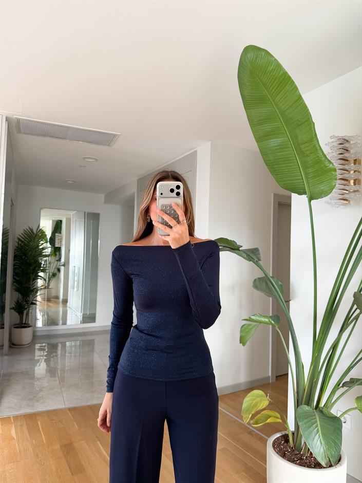 Kayık Yaka Simli Bluz - Lacivert