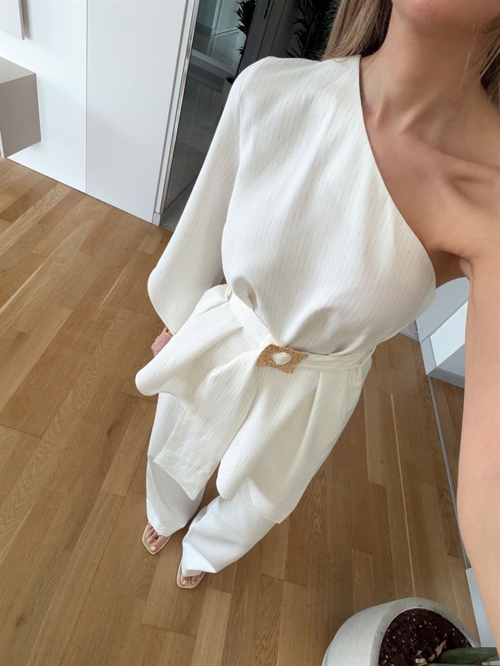 Kemerli Asimetrik Bluz Pantolon Takım - Ekru
