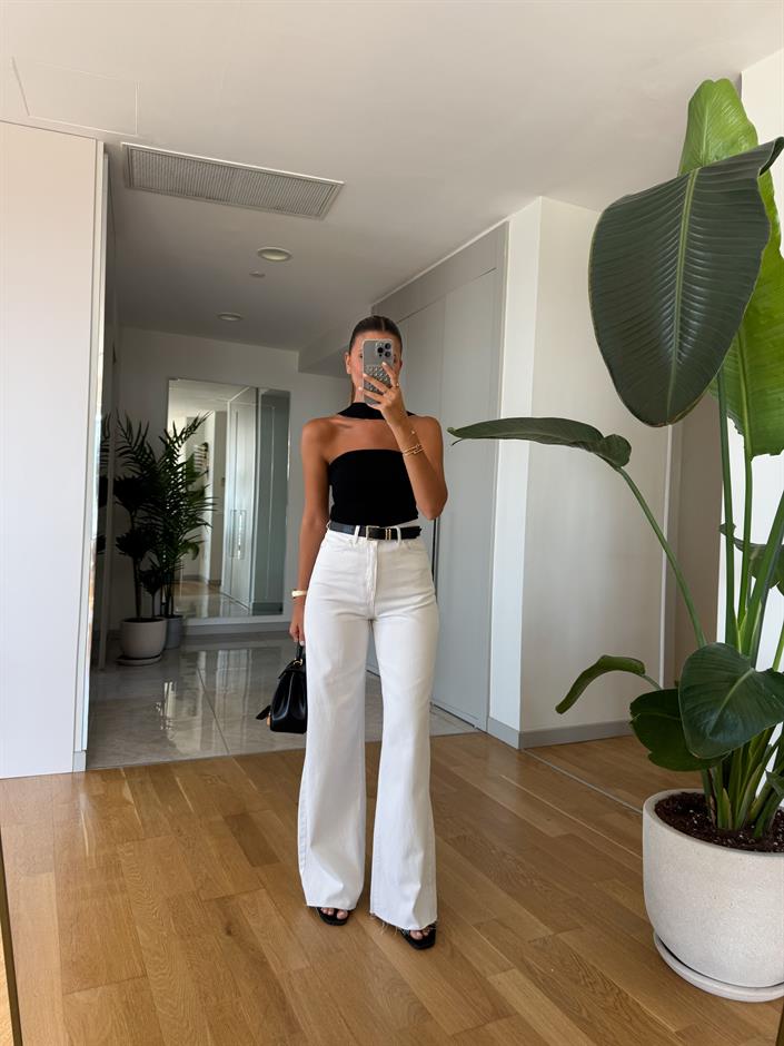 Kemerli Beyaz Wide Leg Pantolon