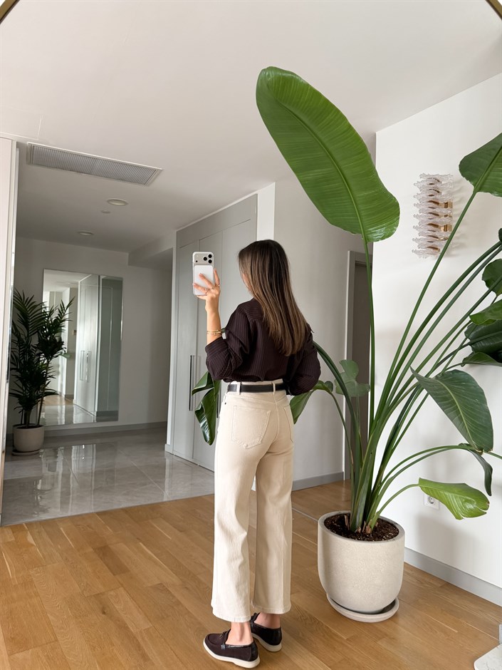 Kemerli Midi Boy Jean - Bej 