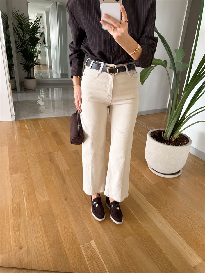 Kemerli Midi Boy Jean - Bej 