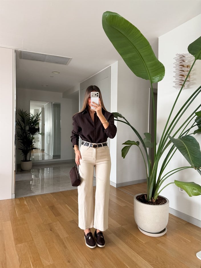 Kemerli Midi Boy Jean - Bej 