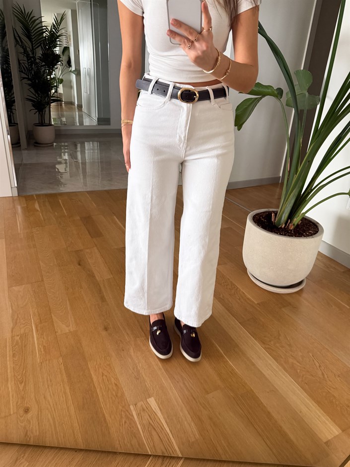 Kemerli Midi Boy Jean - Beyaz