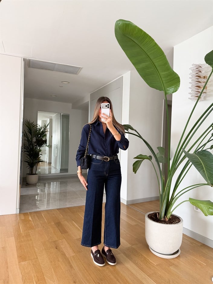 Kemerli Midi Boy Jean - Lacivert