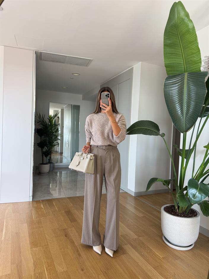 Kemerli Palazzo Pantolon - Bej 