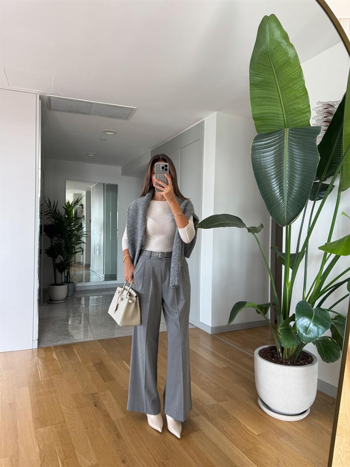 Kemerli Palazzo Pantolon - Gri