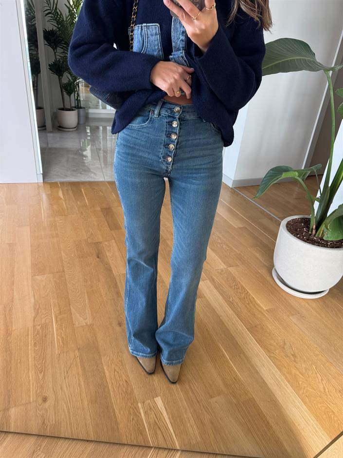 Kemik Düğmeli İspanyol Paça Jean - Mavi 