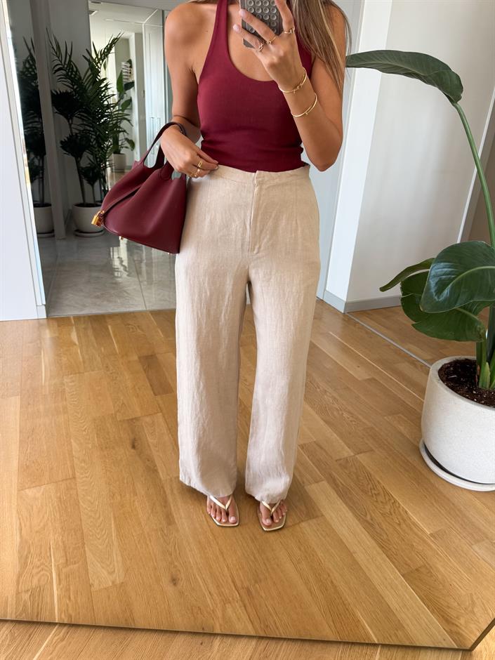 Kendall Keten Dokulu Pantolon - Bej