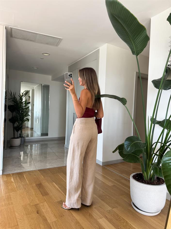 Kendall Keten Dokulu Pantolon - Bej