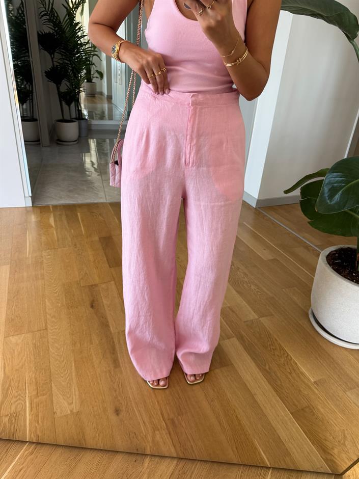 Kendall Keten Dokulu Pantolon - Pembe