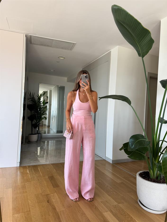 Kendall Keten Dokulu Pantolon - Pembe