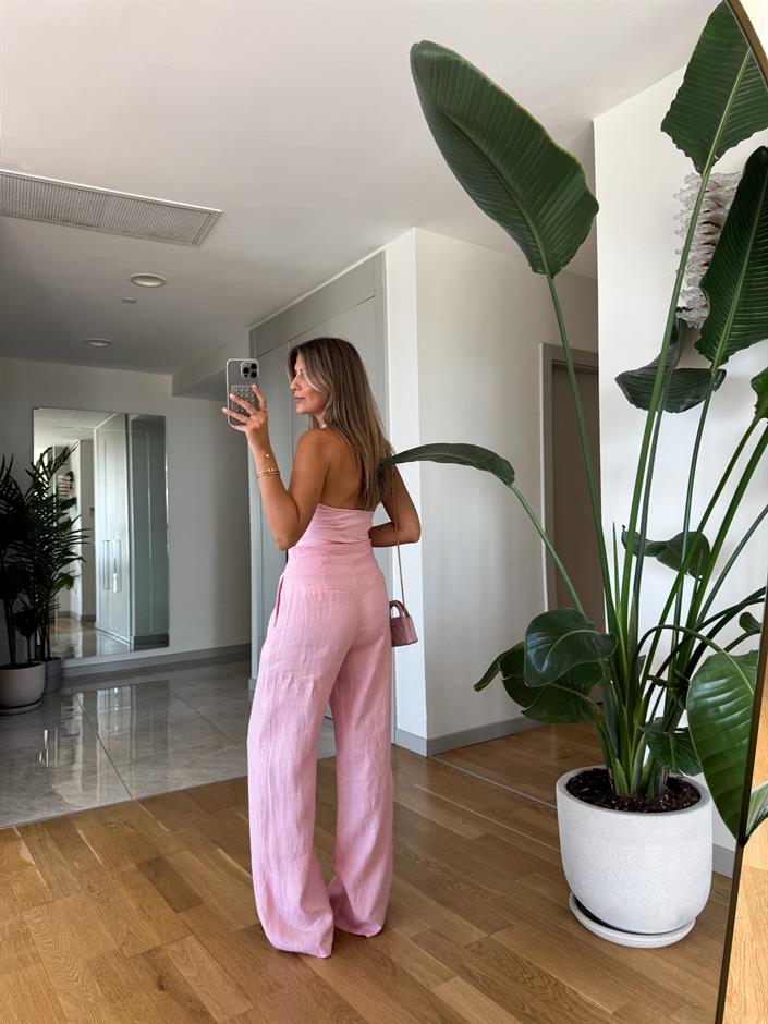 Kendall Keten Dokulu Pantolon - Pembe