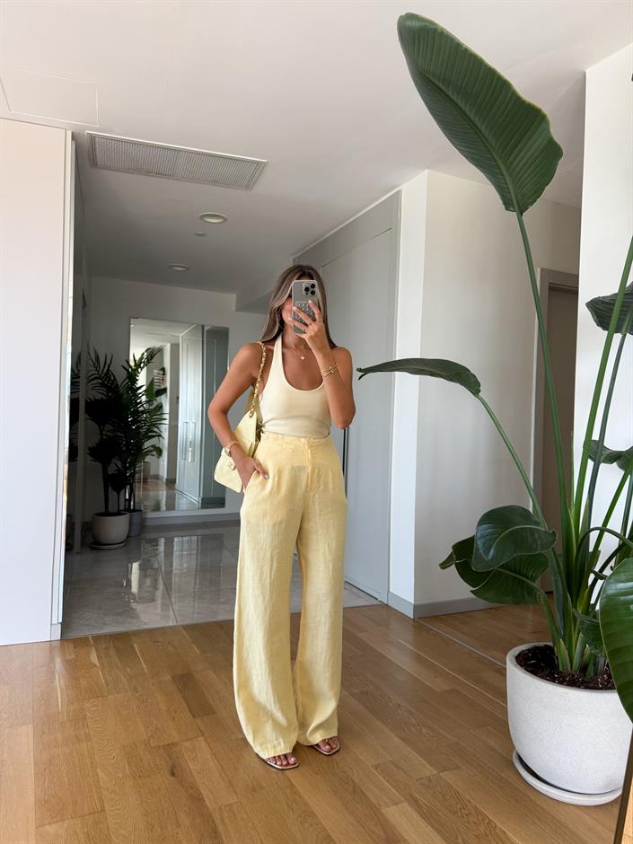 Kendall Keten Dokulu Pantolon - Sarı