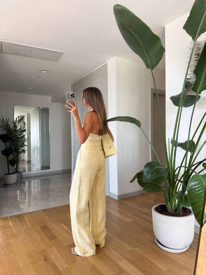 Kendall Keten Dokulu Pantolon - Sarı