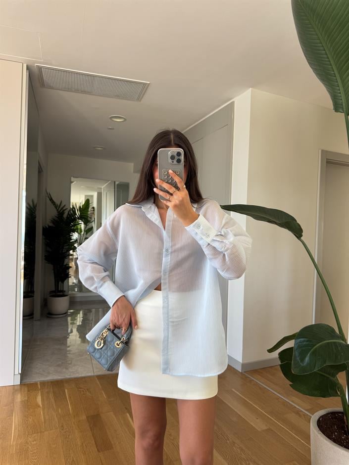 Kendiliğinden Çizgili Transparan Gömlek- Mavi