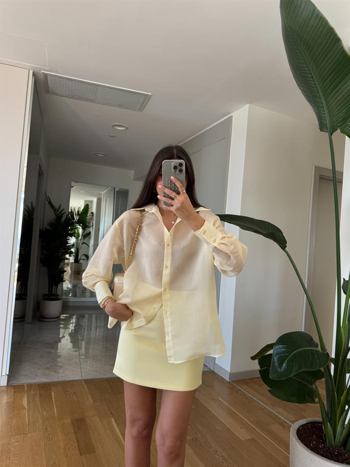 Kendiliğinden Çizgili Transparan Gömlek- Sarı