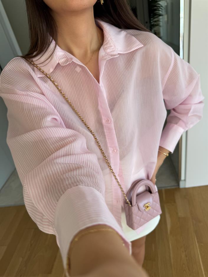 Kendiliğinden Çizgili Transparan Gömlek- Pembe