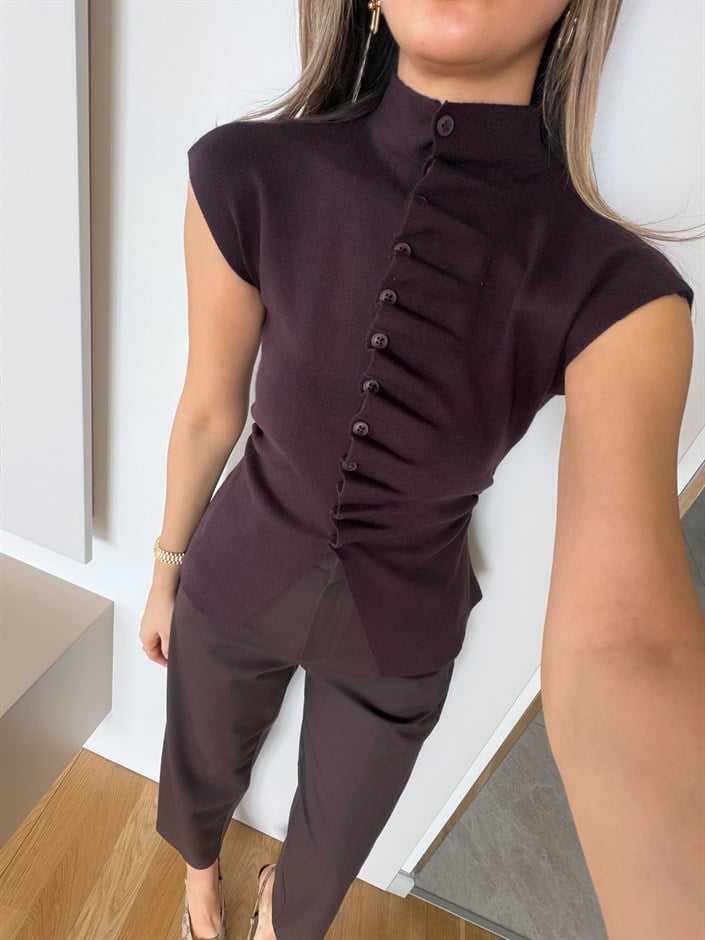 Kendinden Büzgülü Sıfır Kol Triko Hırka - Kahve