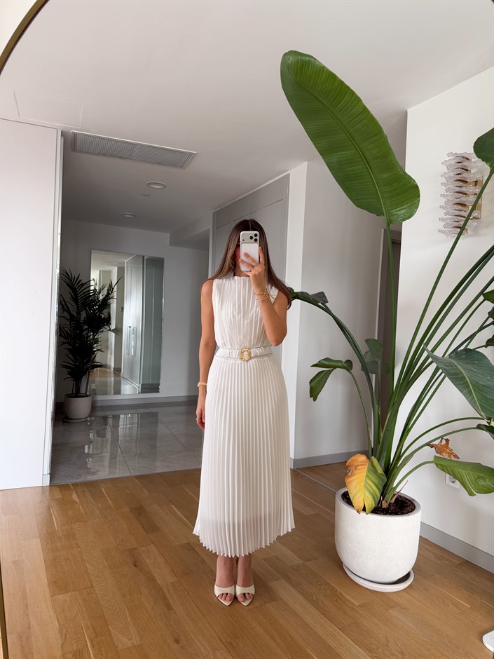 Kendinden Kemerli Piliseli Elbise - Ekru