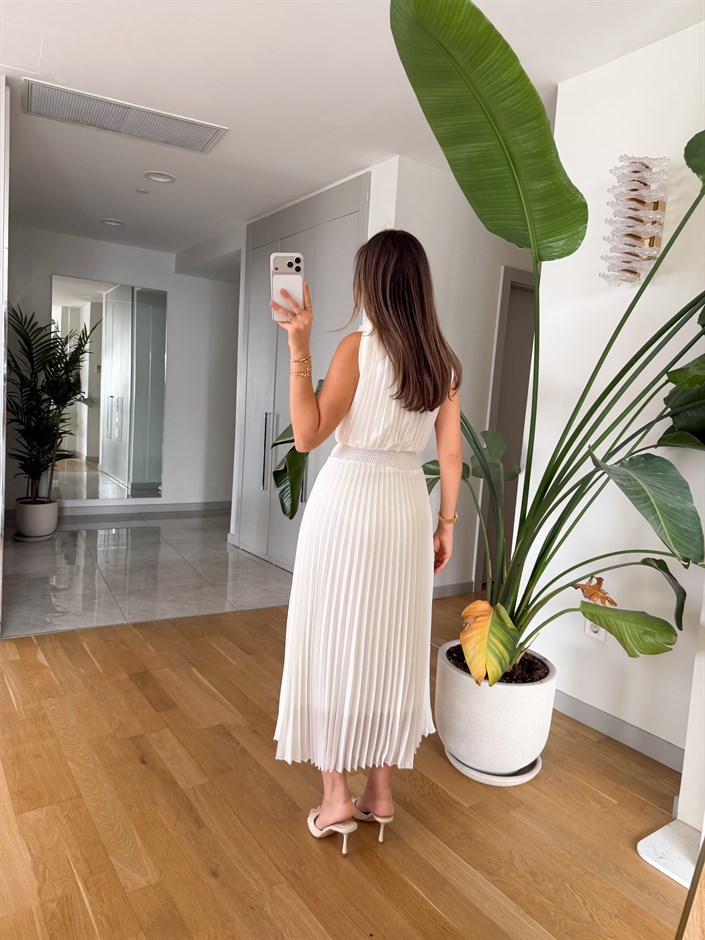 Kendinden Kemerli Piliseli Elbise - Ekru