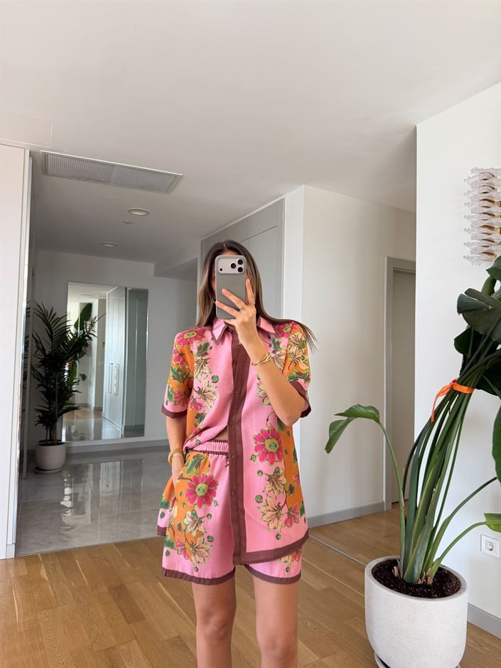 Keten Çiçek Baskılı Şort Takım - Pembe 