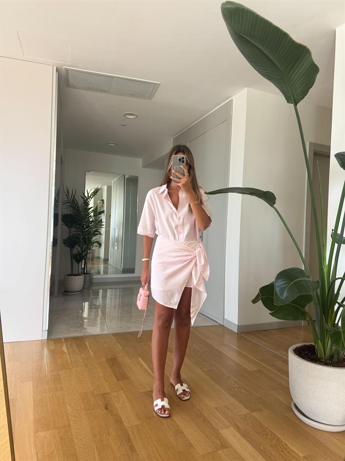 Keten Pareo Etek Gömlek Takım - Pembe