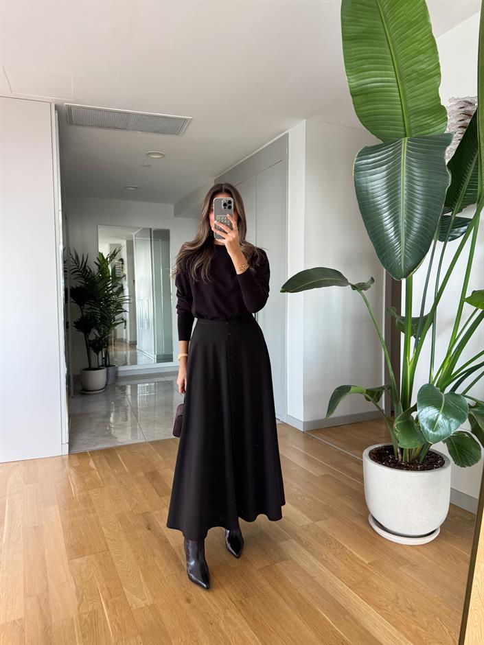 Kinza Önden Düğmeli Midi Etek - Acı Kahve