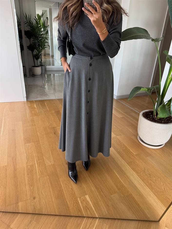 Kinza Önden Düğmeli Midi Etek - Antrasit