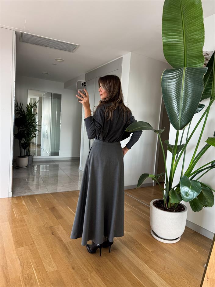 Kinza Önden Düğmeli Midi Etek - Antrasit