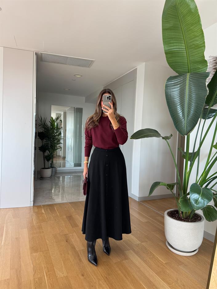 Kinza Önden Düğmeli Midi Etek - Siyah