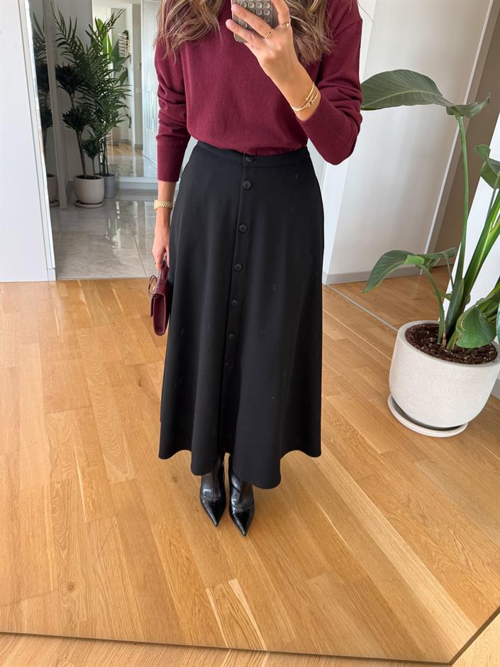 Kinza Önden Düğmeli Midi Etek - Siyah