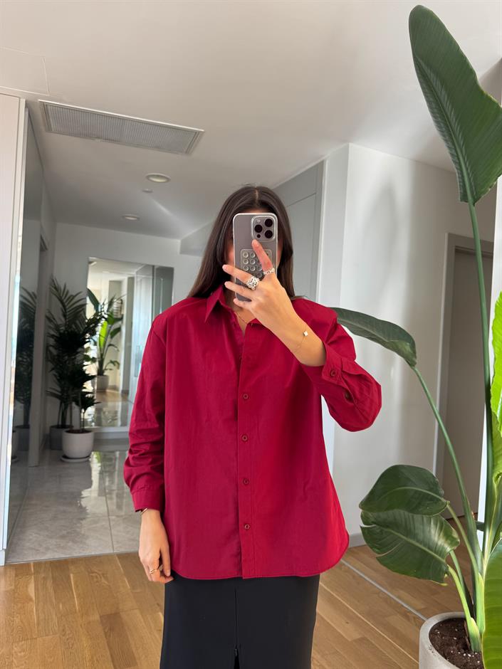 Kırmızı Vatkalı Poplin Gömlek