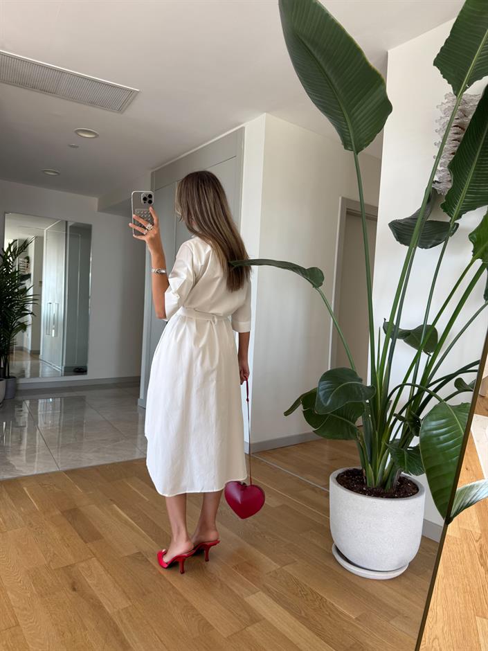 Kısa Kollu Düğmeli Midi Elbise - Beyaz