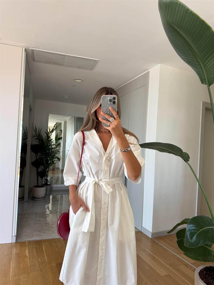 Kısa Kollu Düğmeli Midi Elbise - Beyaz