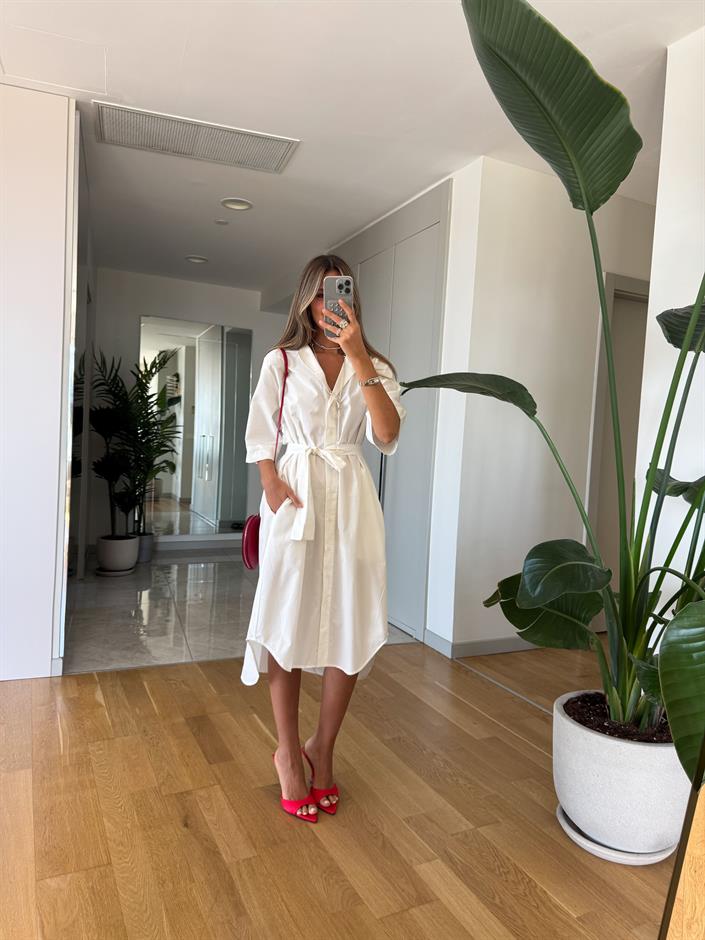 Kısa Kollu Düğmeli Midi Elbise - Beyaz