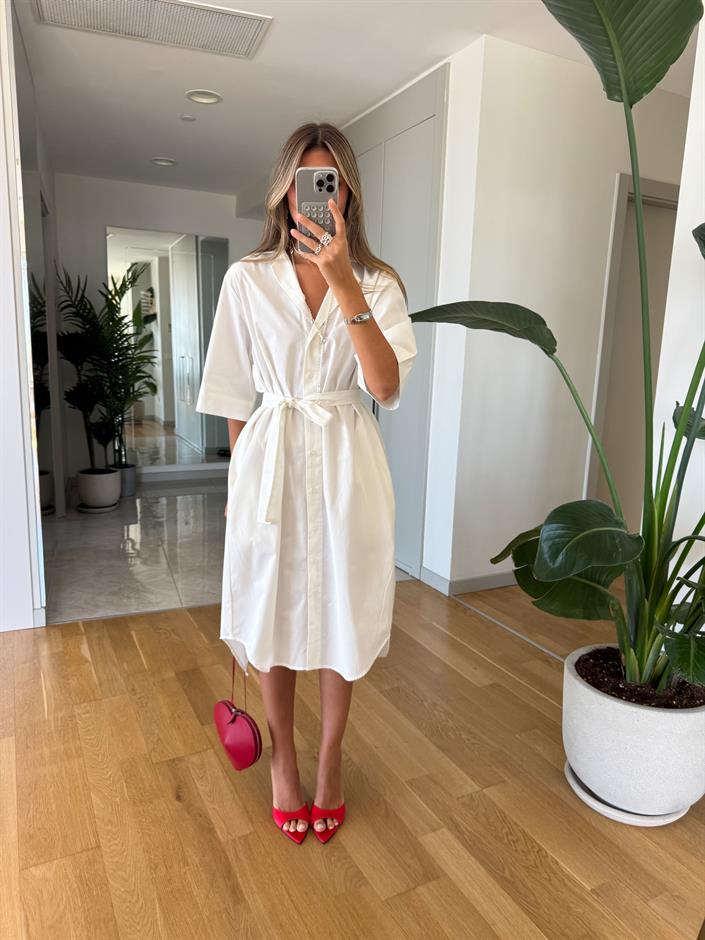 Kısa Kollu Düğmeli Midi Elbise - Beyaz