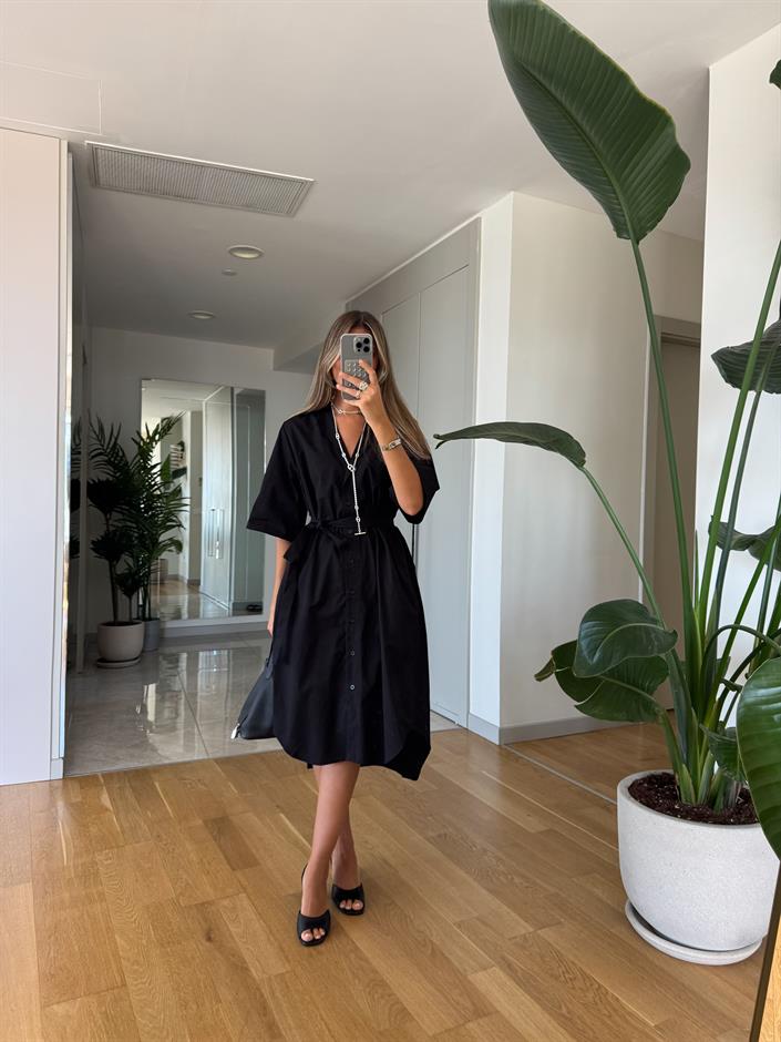 Kısa Kollu Düğmeli Midi Elbise - Siyah 