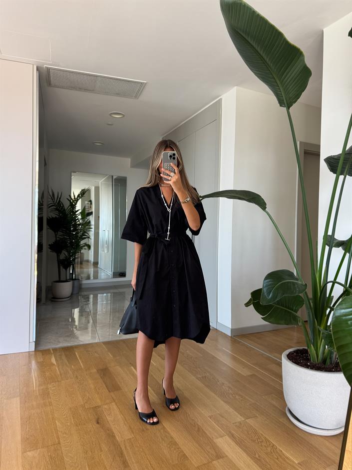 Kısa Kollu Düğmeli Midi Elbise - Siyah 