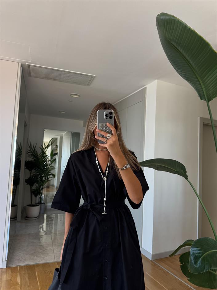 Kısa Kollu Düğmeli Midi Elbise - Siyah 