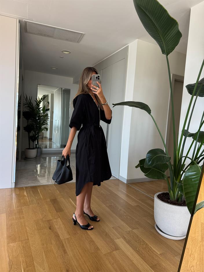 Kısa Kollu Düğmeli Midi Elbise - Siyah 