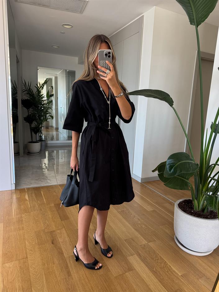 Kısa Kollu Düğmeli Midi Elbise - Siyah 