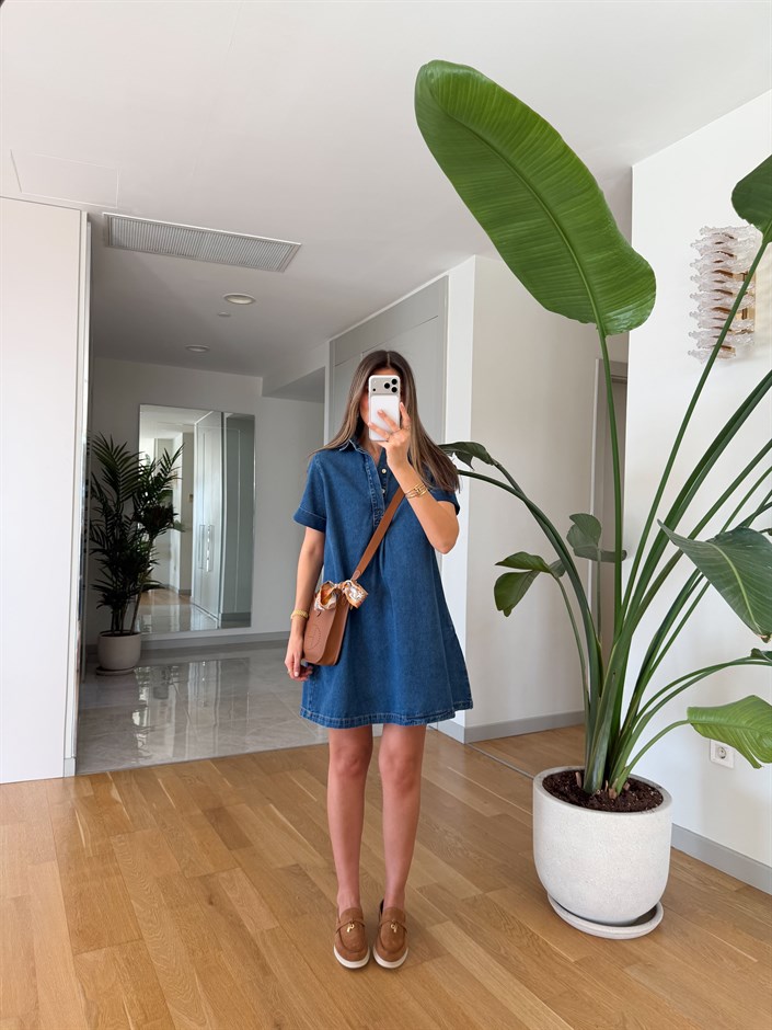Kısa Kollu Mini Jean Elbise - Orta Mavi