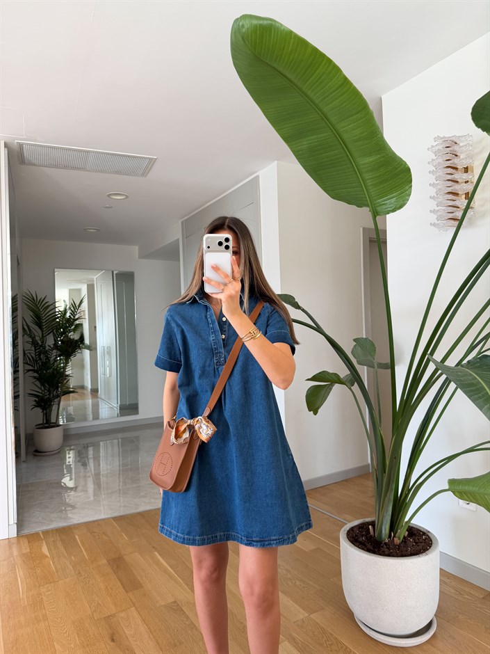 Kısa Kollu Mini Jean Elbise - Orta Mavi