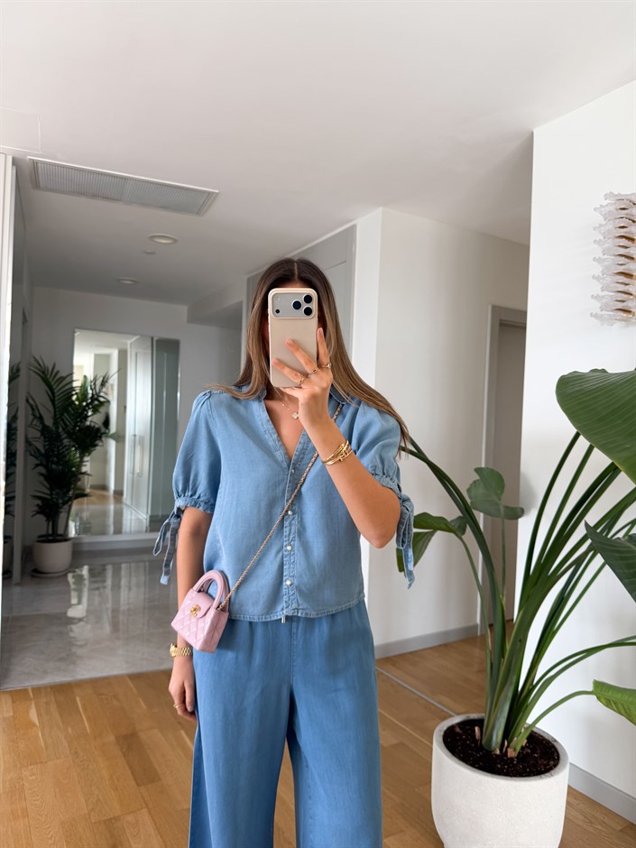 Kısa Kollu Tensel Gömlek - Mavi