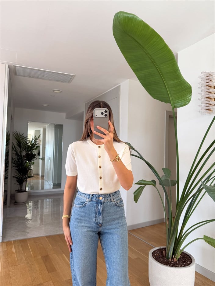 Kısa Kollu Triko Hırka - Ekru 