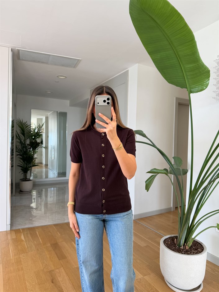 Kısa Kollu Triko Hırka - Kahve