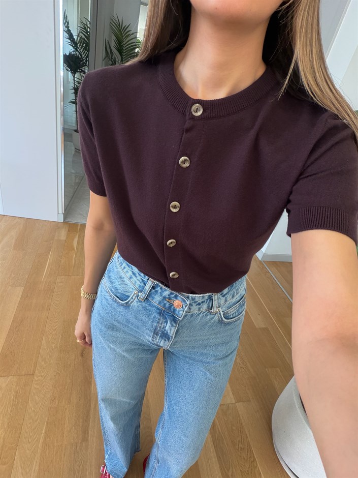 Kısa Kollu Triko Hırka - Kahve